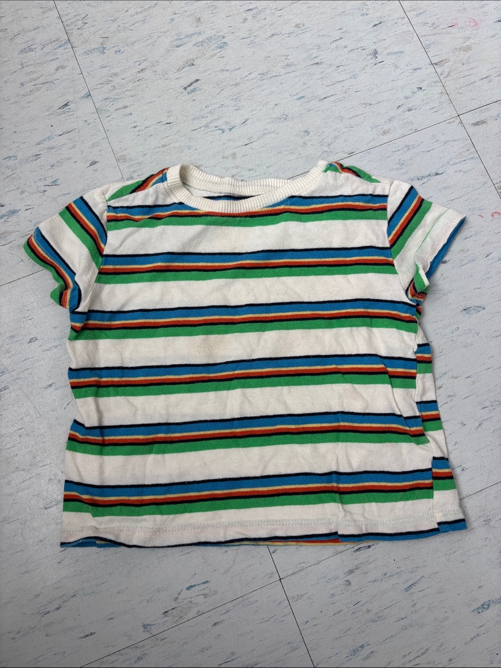 Striped Crewneck Kids Tee in White, Green & Blue - Unbranded